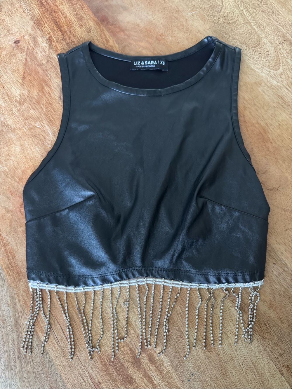 Liz & Sara Black Faux Leather Fringe Crop Top
